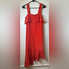 Madewell 100 Silk Bright Poppy Red Ruffle Tank Asymmetrical Hem Midi Dress 00