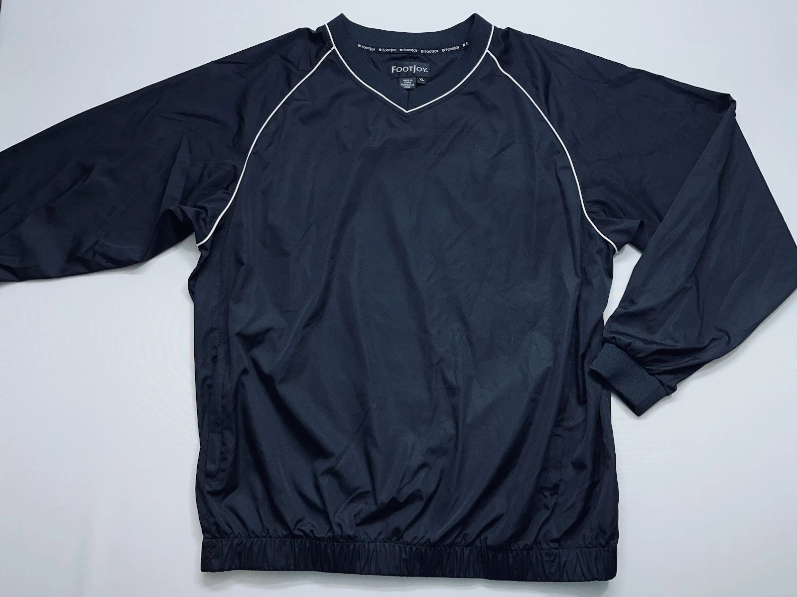 Footjoy Golf Windbreaker Jacket Mens XL Pullover Black Raglan Sleeve White Trim