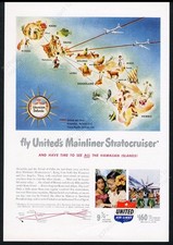 1950 Hawaii islands vacation map art United Airlines vintage travel print ad