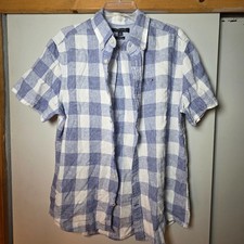 Tommy Hilfiger Blue Checkered Linen Cotton Short Sleeve Button Down Shirt Men L