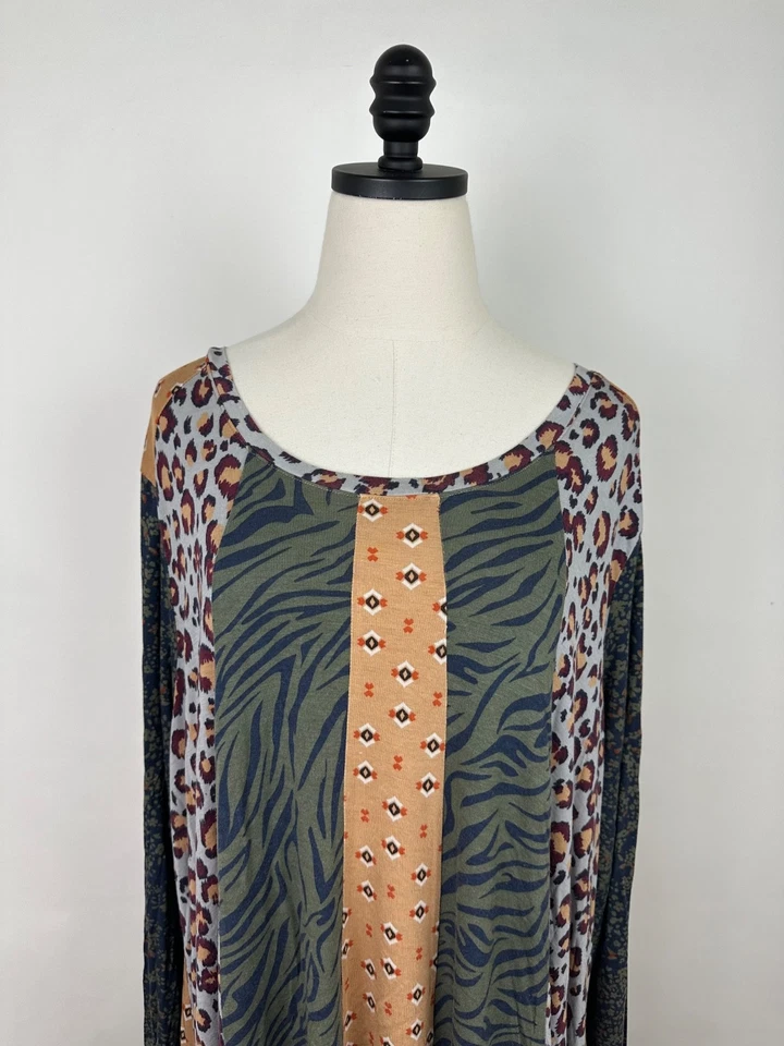 LOGO Lori Goldstein Shirt Womens 3X Plus Size Patchwork Animal Print Bohemian - Image 2 of 4