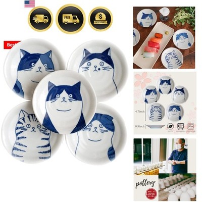 Dessert Sushi Soy Sauce Salad Ceramic Plates Cats Design Set of 5 Made in Jap...