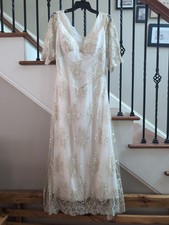 Vintage Inspired, Boho A-line, Embroidered Lace Wedding Dress, Size 10