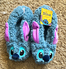 Disney Stitch Women s Slippers Size 7 Blue/Purple Faux Fur Embroidered Slip-On