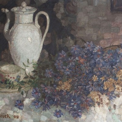 Albrecht Bruck Impressionism Still Life Flowers Hat Signed Oil Canvas 1909
