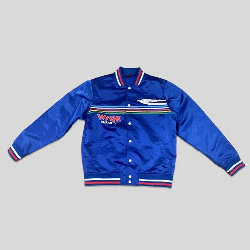 Stranger Things Men's WSQK Satin Bomber Jacket Ribbed Knit Side Pockets - product listing photo