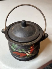 VINTAGE MINIATURE 3 LEGGED CAST IRON POT CAULDRON HAND PAINTED BIRD 2”