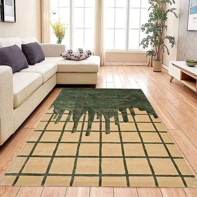 Green Viscose & Wool Combo Carpet Hand-Tufted  Hand Med kitchen Study Room