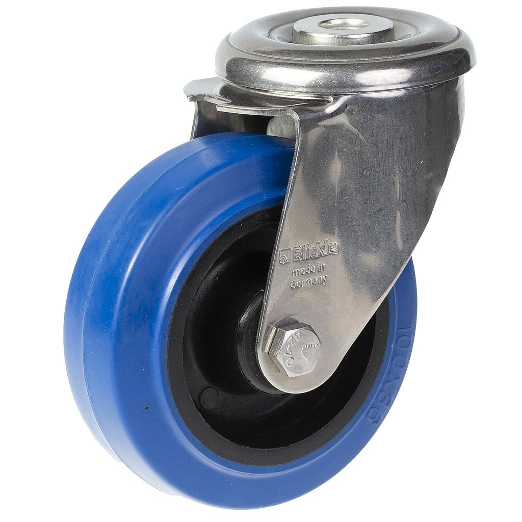 100mm stainless steel swivel castor with blue elastic rubber on nylon centre whe