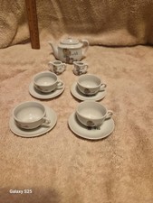 Vintage Japanese Child  s Miniature Porcelain Tea Set   Girl Watering Flowers 60s