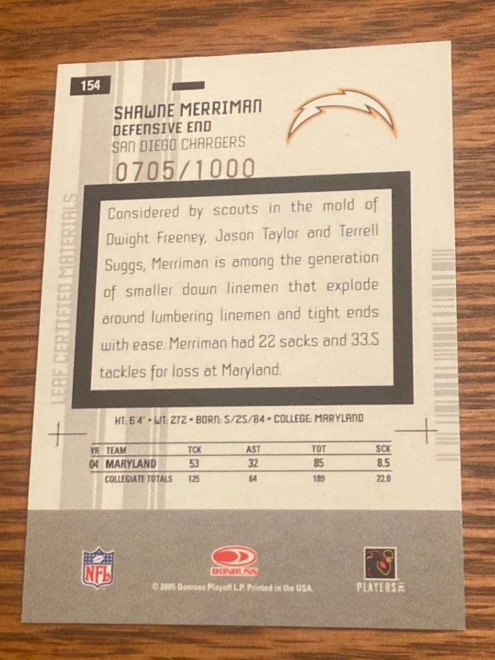 2005 Leaf Certified RC New Generation Shawn Merriman /1000 Chargers Maryland - Image 2 of 2