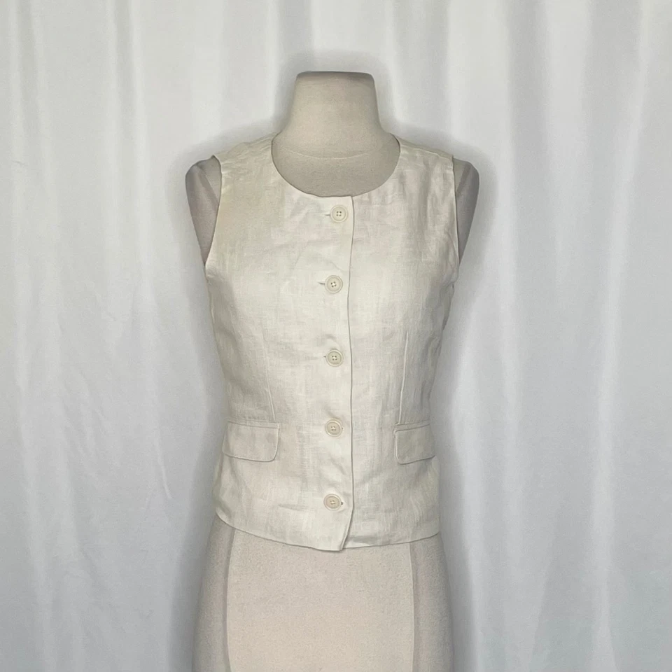 ¡¡NUEVO CON ETIQUETAS!! J. CREW Chaleco Cuello Redondo Lino Natural Solapa Bolsillos Corbata Cintura Retro Talla 4 Foto 3 de 4