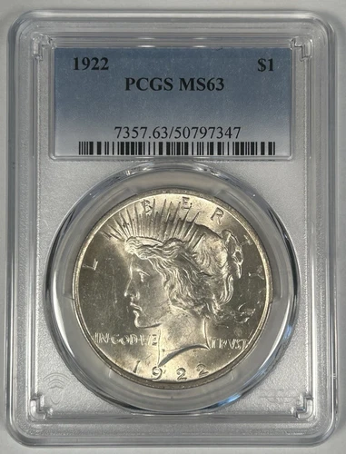 1922 Peace Silver $1 Dollar Coin PCGS MS 63