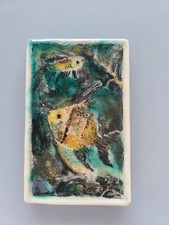 Vintage Keramik Wandbild 50er/60er | Skalare Fische Aquariumtürkis | Craquelé