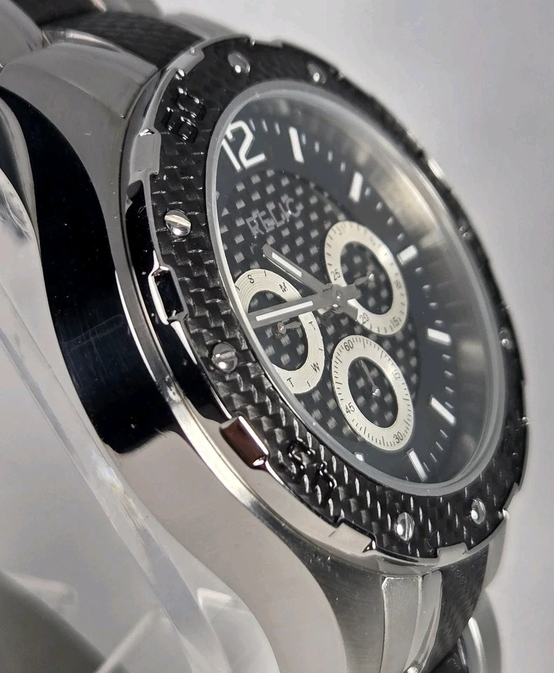 RELIQUIA HOMBRE ACERO INOXIDABLE RESISTENCIA AL AGUA 50M ESFERA NEGRA Banda Negro Tono Plata Foto 3 de 4