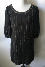 Ella MOSS Anthropologie Black Tiara Gold Beaded Shift Mini Dress Size XS