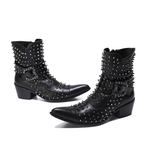 Herren Leder Stiefeletten Motorrad Stiefel Mit Nieten Westernstiefel Punk Biker - Bild 6 von 12