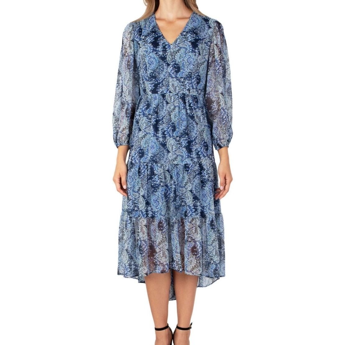 plus size midi dress with pockets FLORAL SMOCKED BODICE MIDI DRESS WITH LONG SLEEVES & POCKETS L / Black