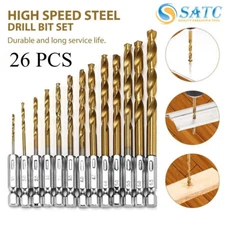 26PCS Titanium Metal HSS-G M2 Twist Drill Bit Set 1/16"-1/4" Hex Shank Bits Kit