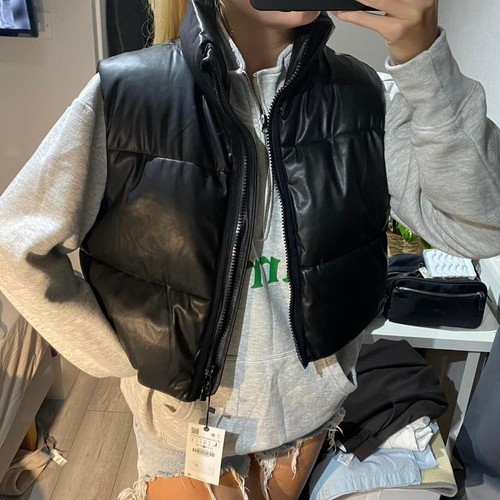 zara black leather gilet