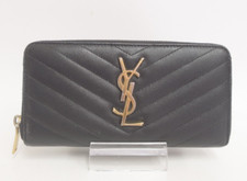 Authentic YSL Saint Laurent Leather V stitch Zip Around Long Wallet 32792