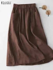 Women Cotton Skirt Elastic Waist Midi Skirt Side Pockets Casual Solid A Line
