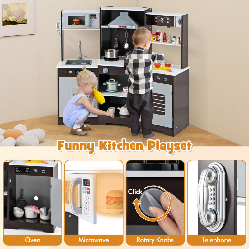 Pretend Play Kitchen Wooden Toy Set with Range Hood Real Sounds and
