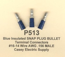 25 Blue Insulated SNAP PLUG BULLET Terminal Connector 16-14 Wire Gauge .156 MALE