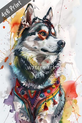 #ad Dog Siberian Husky in circus outfit watercolor Art 4x6 Print $8.40