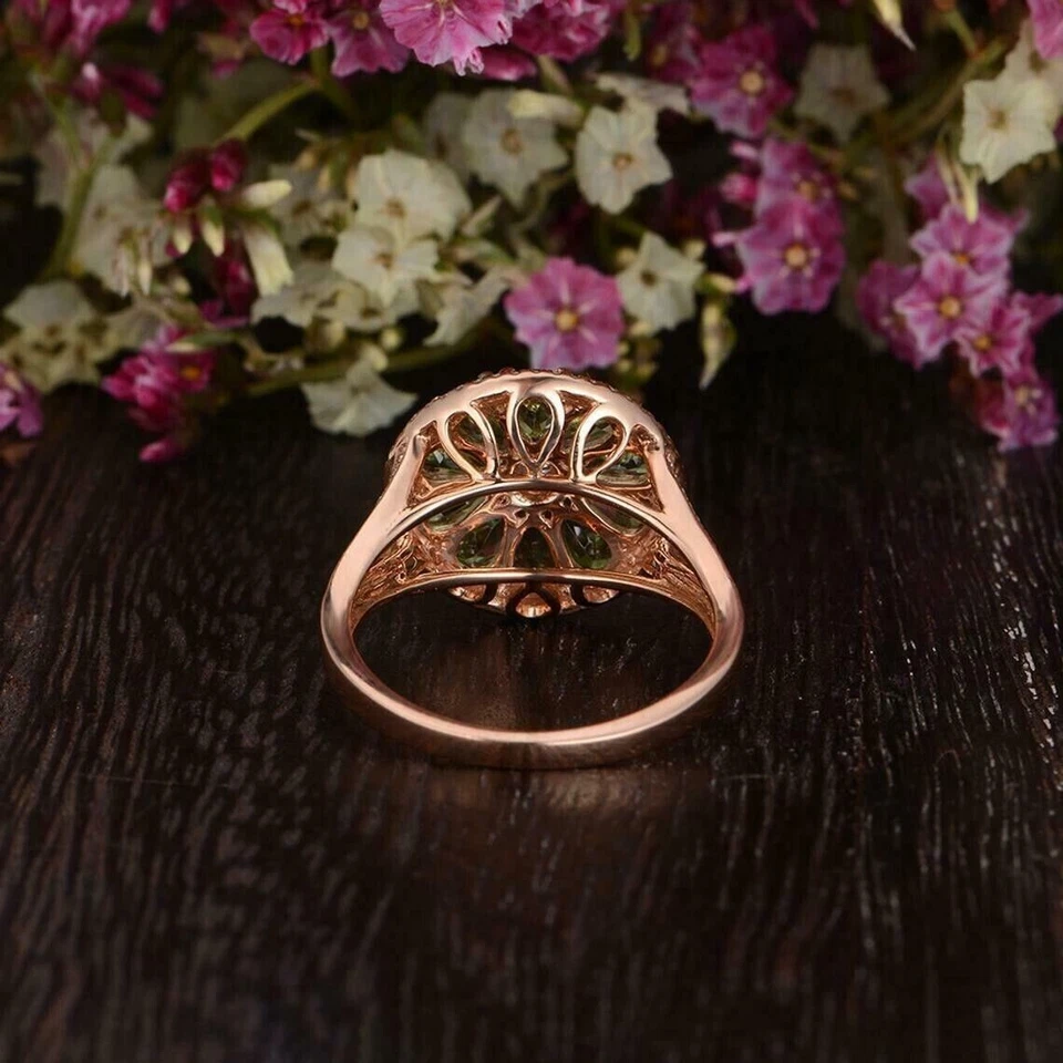 3CT Pear Cut Lab Created Green Peridot Halo Wedding Ring 14K Rose Gold Plated - Image 4 of 4