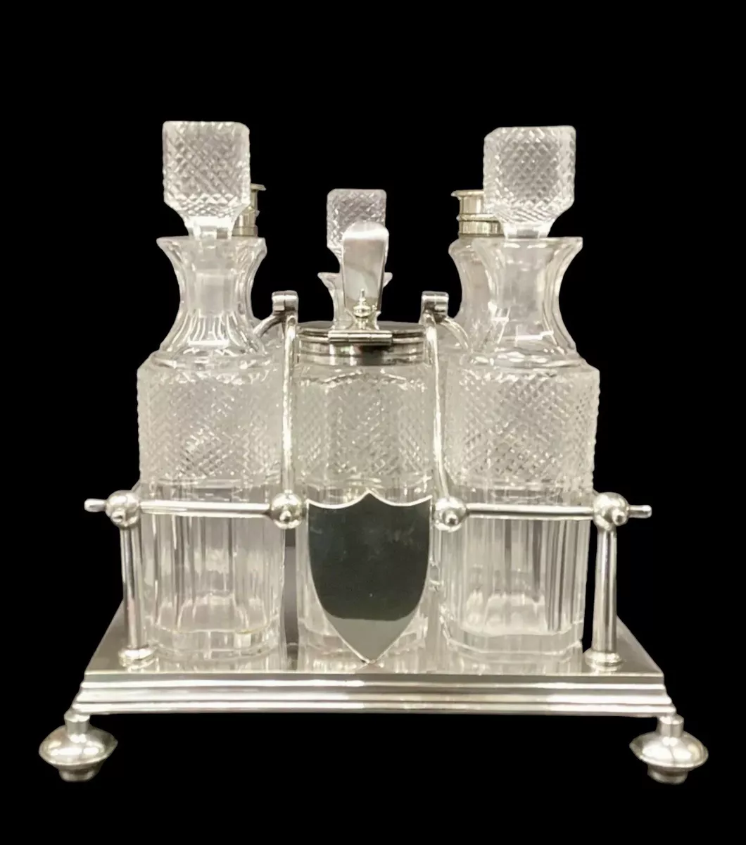 Antique Silver Plated Cruet Set Six Bottles Stand Crosshatch Cut Crystal