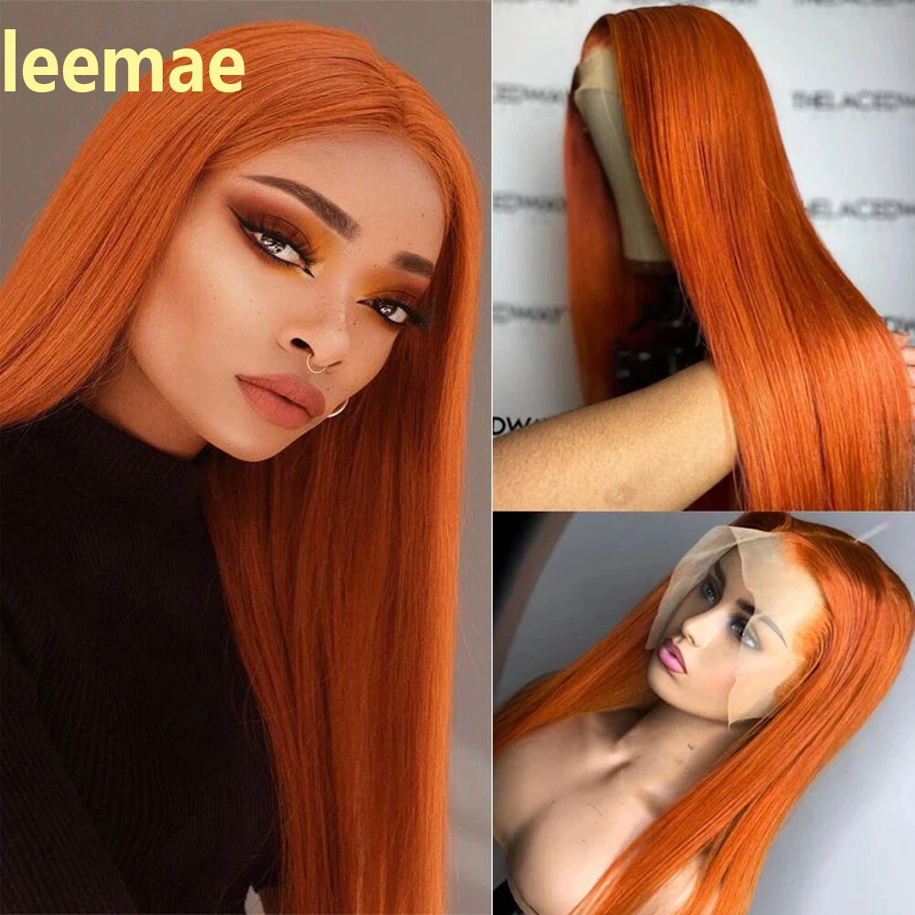 Perruques frontales en dentelle droite couleur orange 100 cheveux humains pour