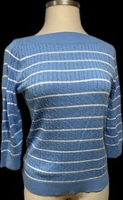 RALPH LAUREN WHITE BLUE STRIPES KNIT BOATNECK TOP BLOUSE 3/4 SL SWEATER L NWT