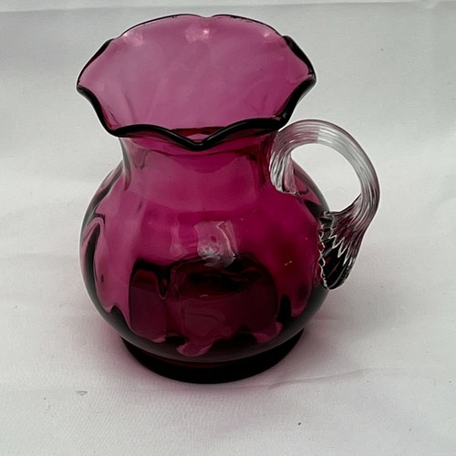 Vintage Glass Hand Blown Cranberry Ruffled Small Pitcher Creamer 4" Art Glass - Picture 6 of 11