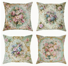 PILLOW COVER- 4pcs Vintage Floral Print Rose, 100 Polyester Decorative Cushion