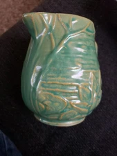 Antique Vintage McCoy Water Lily Pitcher Green Glaze Yellow Ware Jug