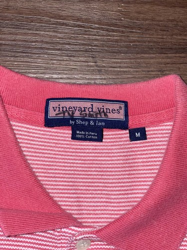 Vineyard Vines Polo Shirt Mens Medium Pink White Striped Pocket Whale Logo - Picture 3 of 5