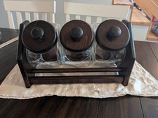 Vtg Wood Glass Canister Set Cookie/Candy Jar with stand