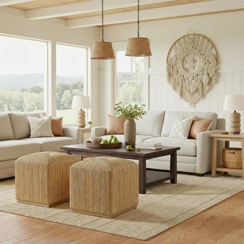 Butler Specialty Company Como 17 in. W Square Banana Leaf Accent Stool - Natural - Picture 2 of 8