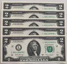 Lot of 5 Uncirculated Sequential Two Dollar Bills Consecutive Serial # CRISP $2
