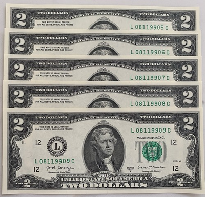 #ad Lot of 5 Uncirculated Sequential Two Dollar Bills Consecutive Serial # CRISP $2 $14.94