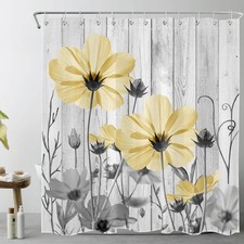 Yellow Wildflower Shower Curtain, Watercolor Plant Grey Flower on Rustic Wood...