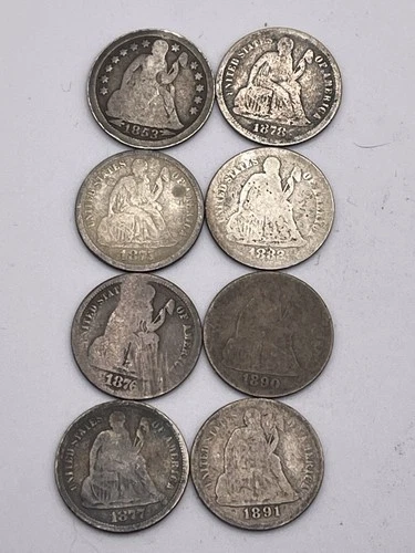 Lot of (8) Seated Liberty Dimes 1853-75-76-77-78-82-90-91 VG LOT S4