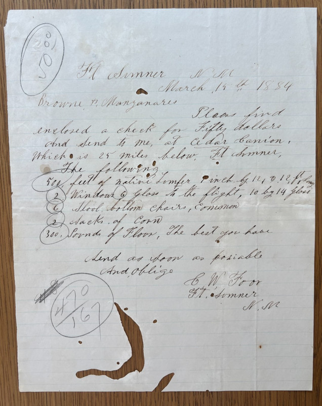 1884 letter FORT SUMNER NEW MEXICO request lumber flour chairs glass C W FOOR