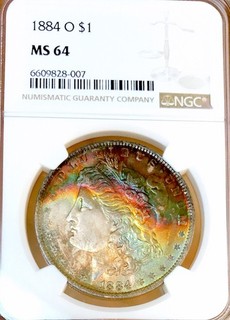 1884 O MORGAN DOLLAR NGC MS64 NEON RAINBOW TONER INTENSE COLOR NR #76263