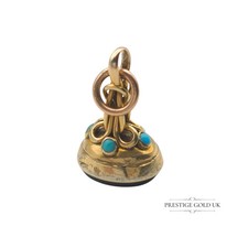 Antique 9ct Gold Bloodstone Fob Pendant with Turquoise Inlay