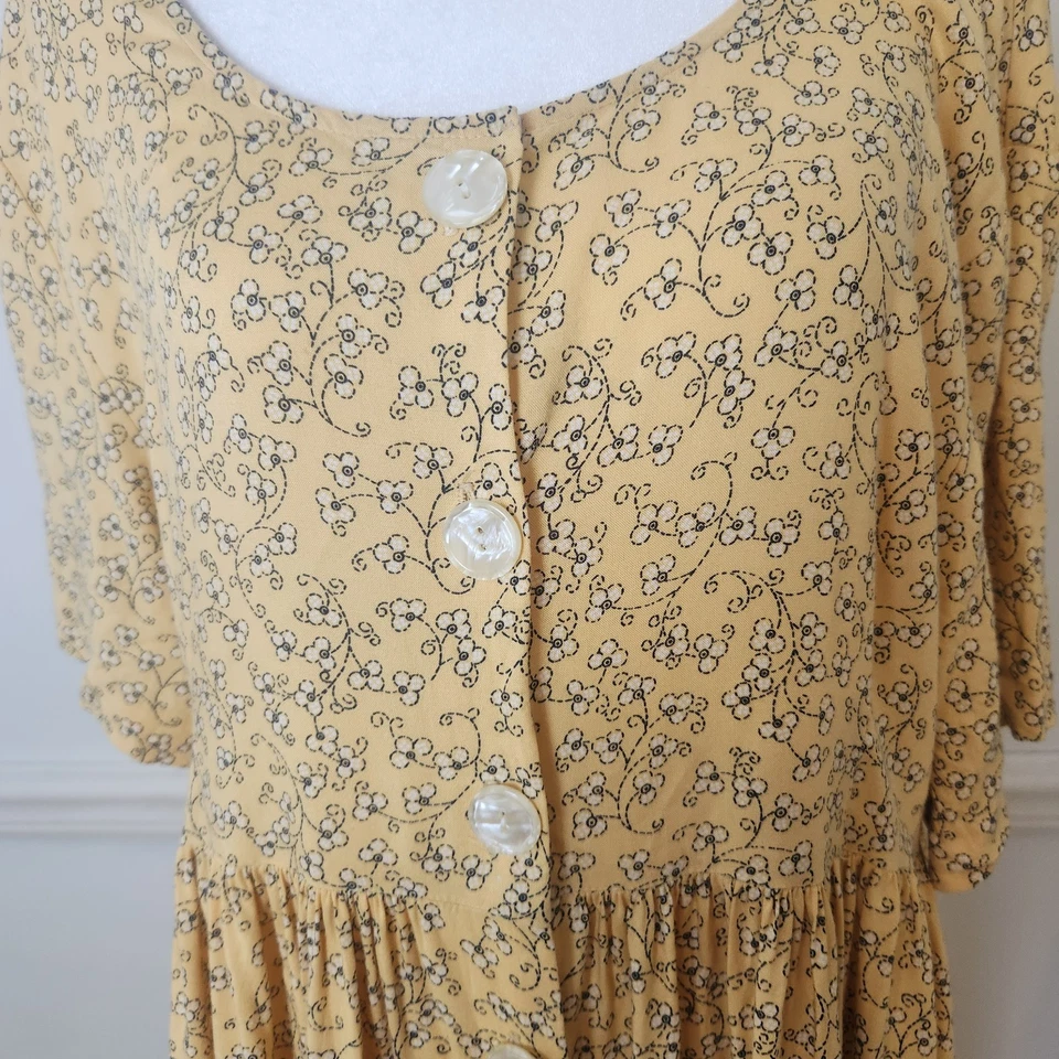Vtg 90s Moda International Dress Size Large Womens Maxi Yellow Floral Buttonup  - Image 2 of 4
