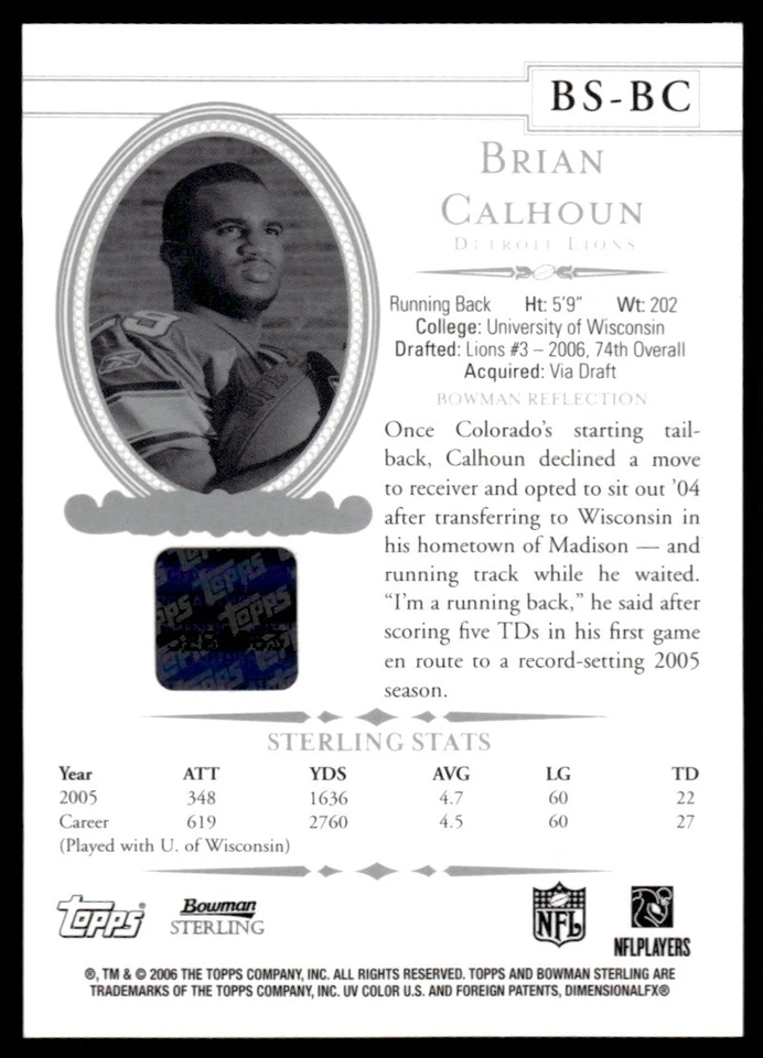 2006 Bowman Sterling Brian Calhoun RC Auto Detroit Lions #BS-BC - Image 2 of 2