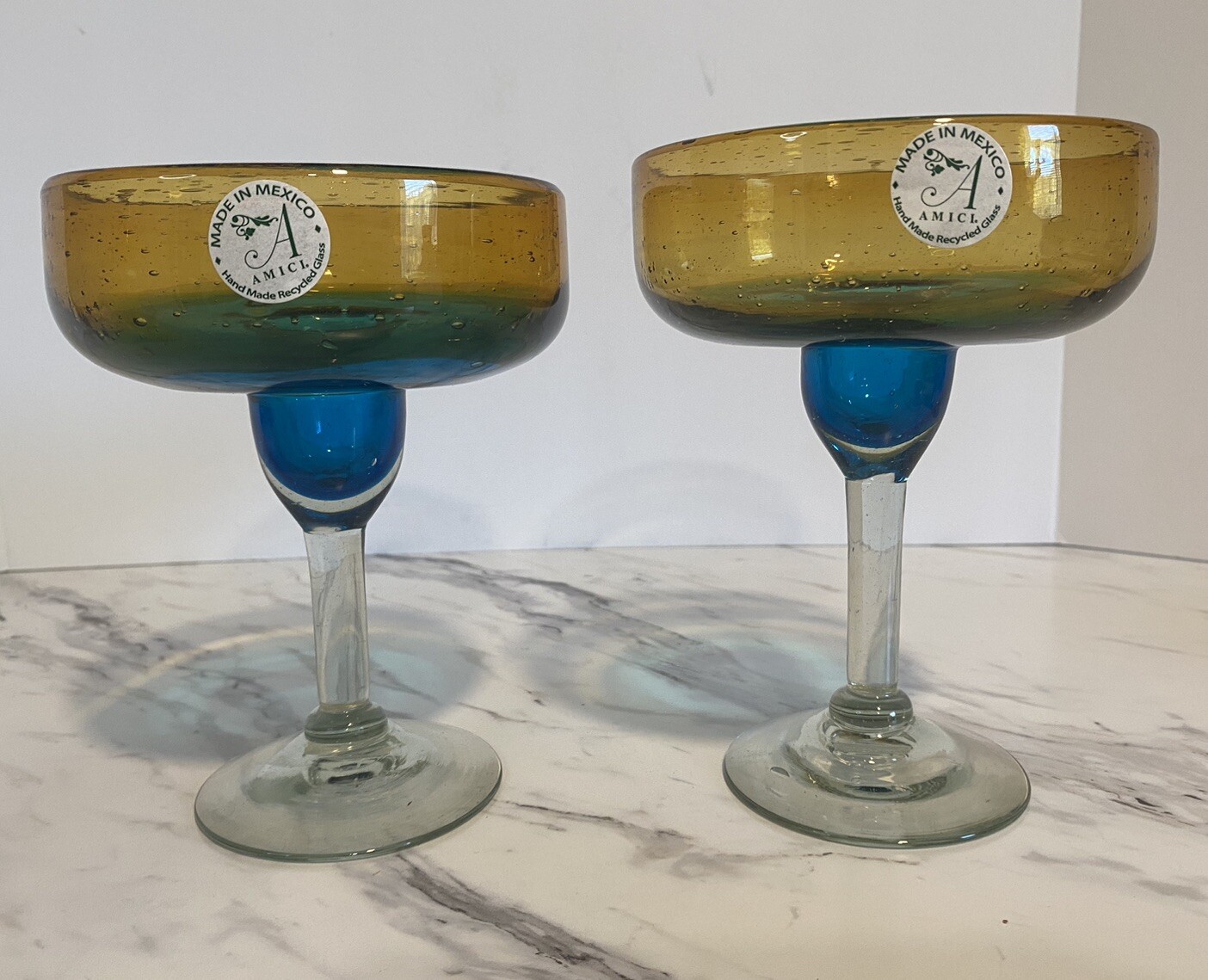 Hand Blown Mexican Margarita Glasses Set of 2 Stemmed Recycled Glassware