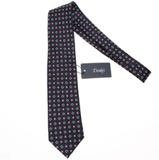 Drake's NWT Neck Tie in Navy w/ White/Red/Blue/Green Geometric Pattern 100% Silk